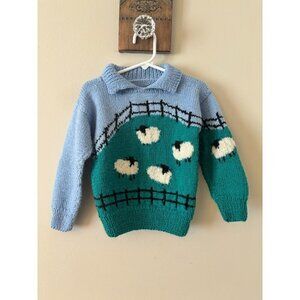 Vintage Hand Knit Boys Sweater Sheep Blue Green Collared Whimsical